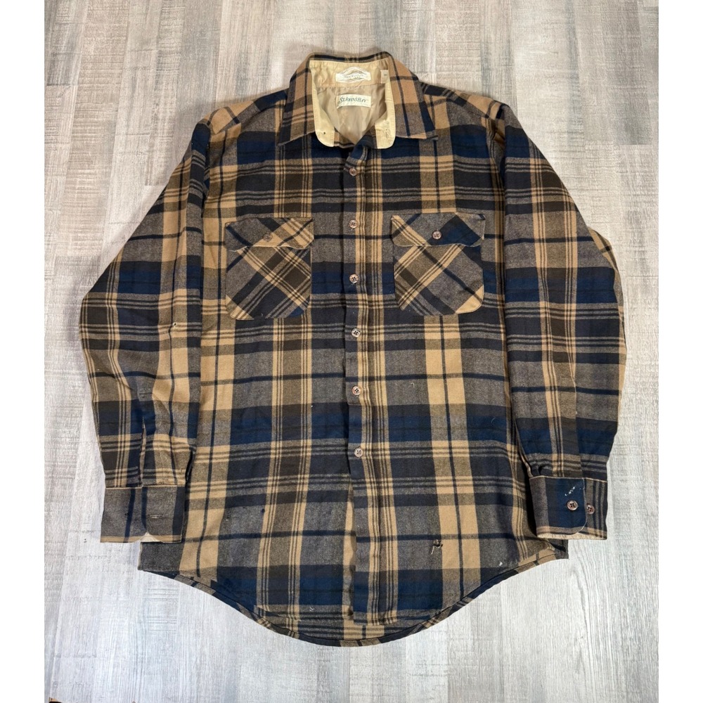 Vintage St Johns Bay Mens LT Brown Navy Plaid Flannel Button Down Shirt USA 80s